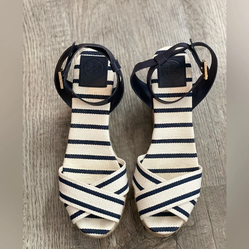 Tory Burch Navy and White Striped Espadrille Wedge Sandals